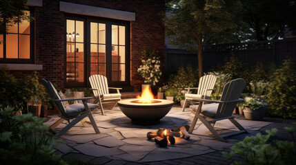 An outdoor patio with a fire pit a few chairs and a small table