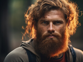 Obraz premium a lumberjack beard with intricate textures, red and brown hair strands glistening. Captured in soft natural lighting, during golden hour in an outdoor woodland setting