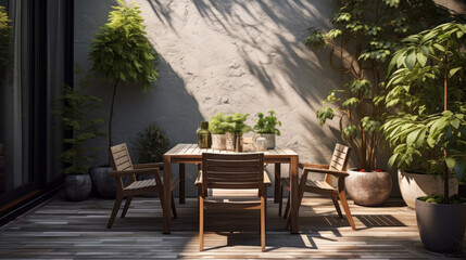 An outdoor patio with a few chairs a table and a few potted plants