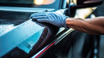 Car wash concept. Close up of male hands in gloves washing a car.