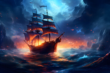 Burning Ship Sailing on dark Sea 