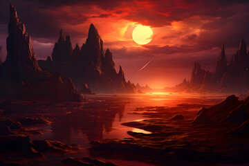 Fantastical Landscape with Large Orange Sun and Jagged Rock Formations