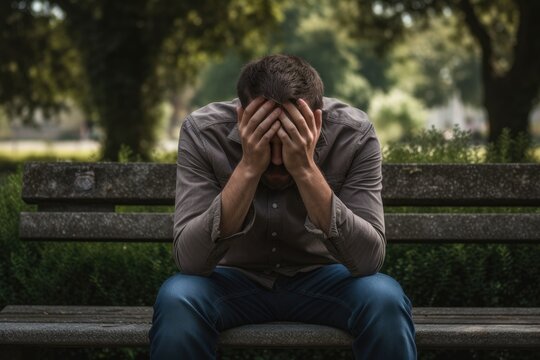 Man sitting on bench in garden and covering his face with hands, man in depression