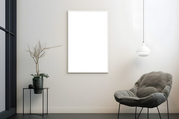 White frame hanging on a wall next to a chair