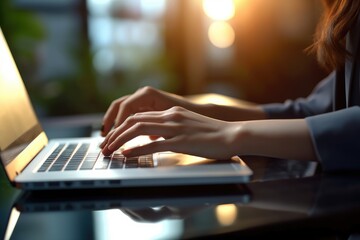 Closeup of businesswoman hands typing on laptop keyboard