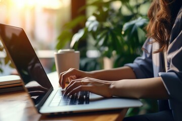 Closeup of businesswoman hands typing on laptop keyboard