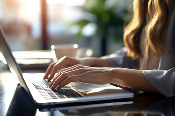 Closeup of businesswoman hands typing on laptop keyboard