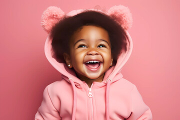 Joyful Black Baby in Pink Outfit on Pink Background