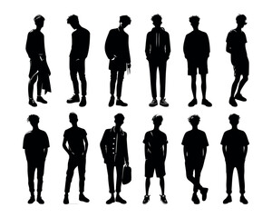 The silhouette of guys in fashionable clothes, youth Asian style, thin young people, a characteristic person, a vector set of stencils.