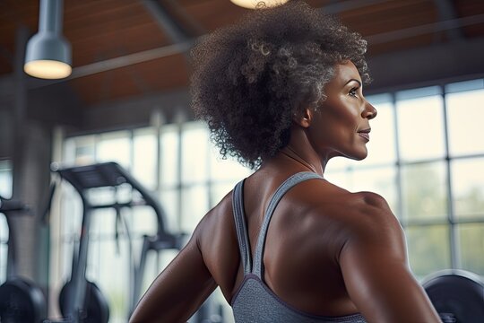 Back view of a middle aged African American woman in gym. Beautiful young female athlete bodybuilder, resting after the cross fit workout.