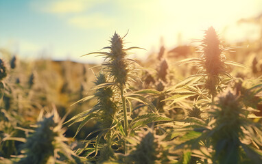 Fototapeta premium Sonnige morgen in der Cannabis Ackerbau - KI generiert