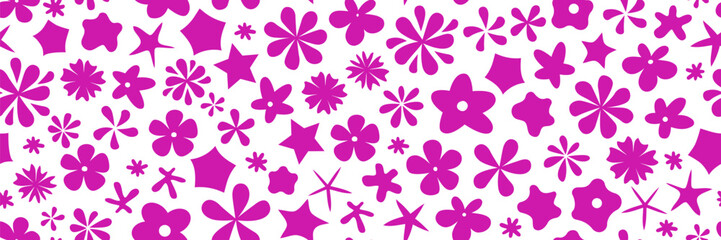 Vector retro groovy y2k pink floral seamless pattern. Abstract daisy print in 70s vintage style. Trendy trippy irregular stylized flower elements, Simple psychedelic kids flat design surface pattern