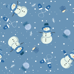 Christmas Seamless Vector Pattern. Contain flat snowman illustration on a blue background.