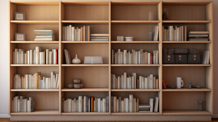 An open bookcase with shelves made of light-colored wood - obrazy, fototapety, plakaty