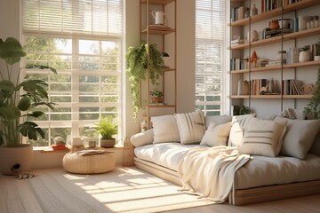 living room in the style of y2k aesthetic serene mood natural light - obrazy, fototapety, plakaty