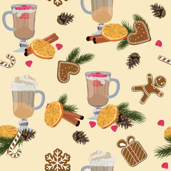 Seamless, Christmas vector illustration with spruce branch, cinnamon, orange, berries,gingerbread