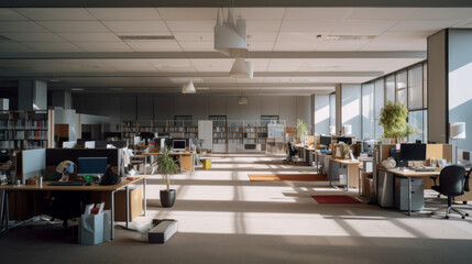 An open-plan office with several cubicles and a grey carpet 