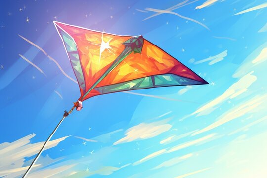 a colorful kite flies against a sunny blue sky. Generative AI