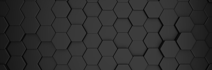 Abstract hexagonal pattern black background. Banner 3d rendering