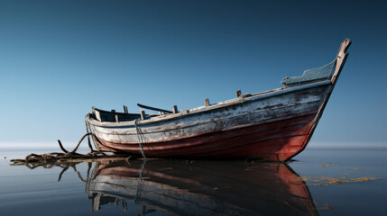 An old wooden fishing boat bobbing in a calm lake