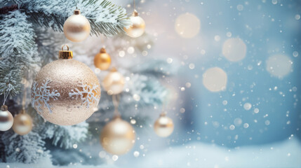 Glistening Golden Baubles and Snowy Spruce, Under Blue and White Ethereal Bokeh Lights