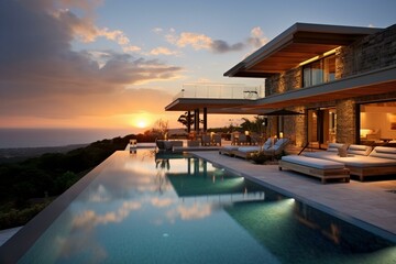 Exquisite residence featuring a splendid pool that seemingly merges with the horizon. Generative AI