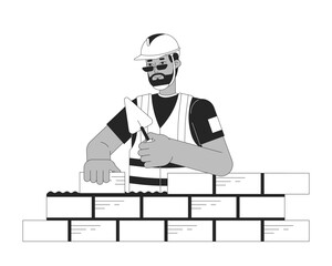 Construction worker laying bricks black and white cartoon flat illustration. African american male home builder 2D lineart character isolated. Building site monochrome scene vector outline image