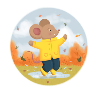 Autumn postcard. A cute mouse jumps in a puddle