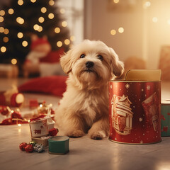 cute dog unwrapping a gift in a Christmas atmosphere - 658987310