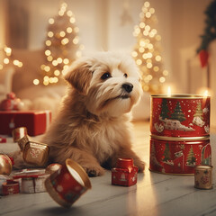 cute dog unwrapping a gift in a Christmas atmosphere - 658987316