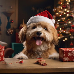 Cute dog unwrapping a gift in a Christmas atmosphere - 658987331
