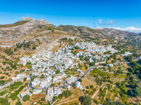 Landscape with Apeiranthos town, mountain village on the island of Naxos in Greece Cyclades 