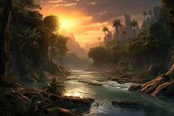 Jungle scenery with a powerful river. Generative AI - obrazy, fototapety, plakaty