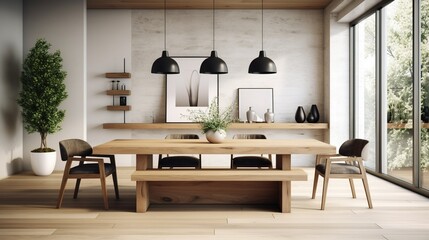 Minimalist interior design of modern dining room with wooden table and chairs