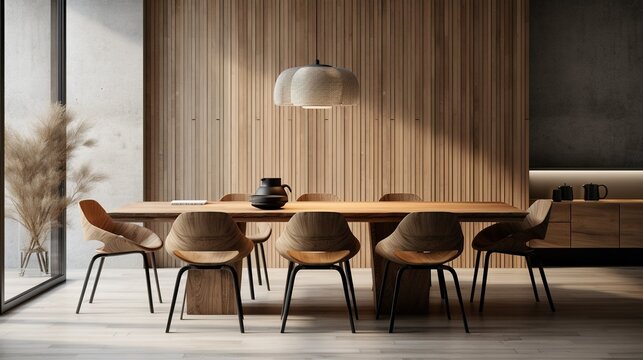 Minimalist interior design of modern dining room with wooden table and chairs