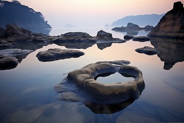 Rocks at dawn in Kushimoto, Wakayama, Japan. Generative AI