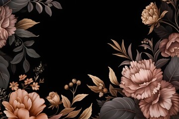 black and gold themed Renaissance inspired floral flowers illustration vintage background, mockup, wedding invitation, junk journal, painting