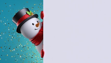 3d render, curious snowman looks out the corner, gold glitter confetti over the blue background. Christmas greeting card template with copy space. Seasonal holiday wallpaper, blank background