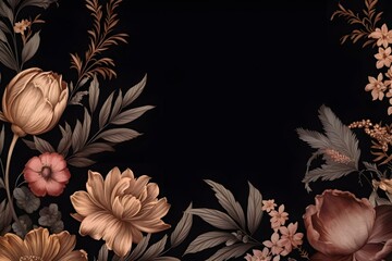 black and gold themed Renaissance inspired floral flowers illustration vintage background, mockup, wedding invitation, junk journal, painting