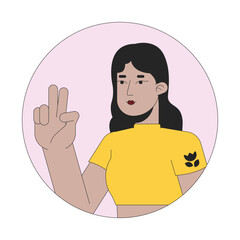 Latina young adult with two fingers up 2D line vector avatar illustration. Hispanic lady selfie taking outline cartoon character face. Nonverbal communication flat color user profile image isolated