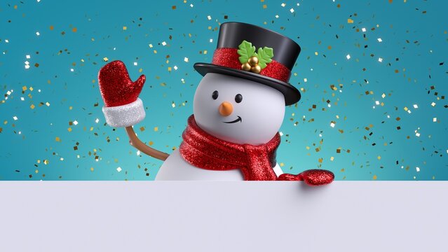 3d render, happy snowman waving hand, holds white paper, gold glitter confetti over the blue background. Christmas greeting card template with copy space. Seasonal holiday wallpaper