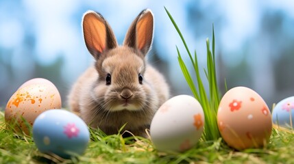 Fototapeta na wymiar Happy Easter bunny Rabbit with easter eggs on grass, background mockup wallpaper, invitation, banner poster