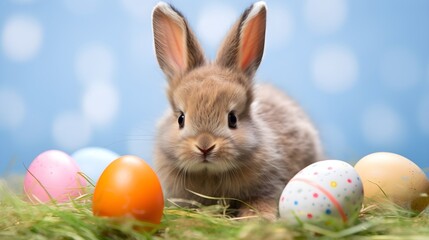 Fototapeta na wymiar Happy Easter bunny Rabbit with easter eggs on grass, background mockup wallpaper, invitation, banner poster