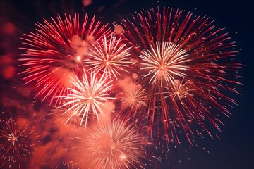 Fototapeta premium Red fireworks in the city night sky