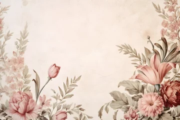 Fotobehang Beige, pink and green themed Renaissance inspired floral flowers illustration vintage rustic background, mockup, wedding invitation, junk journal  © Mockup Lab