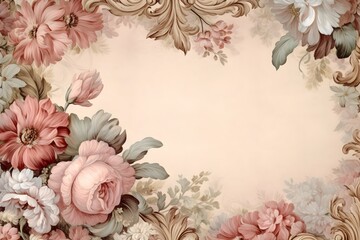 Beige, pink and green themed Renaissance inspired floral flowers illustration vintage rustic background, mockup, wedding invitation, junk journal 