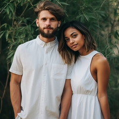 Obraz premium A stylish mixed couple posing for the camera on a summer day