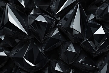 3d render, abstract background, polygonal shape, black crystal, Black gray background with...