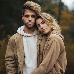 Fototapeta premium A white couple posing for the camera on an autumn day