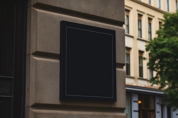 Blank black signboard on the wall of a building in the city, Black square signboard mockup outside of a building, AI Generated - obrazy, fototapety, plakaty